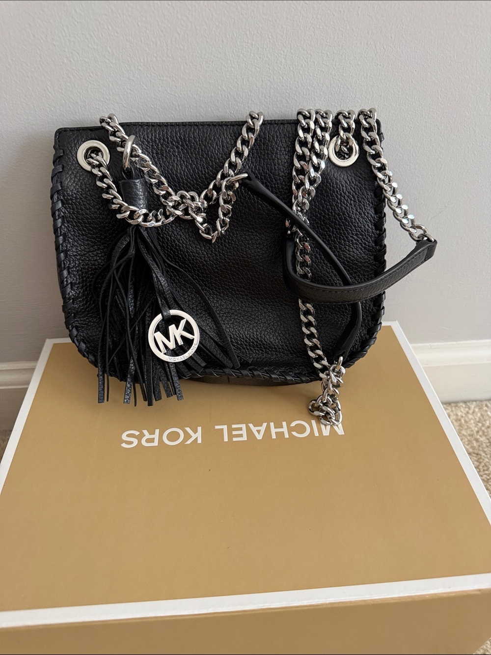 Michael Kors Black Pebbled Leather Shoulder Bag with Silver Chain